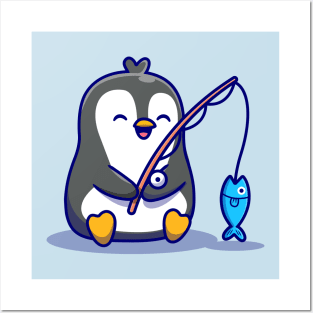 Cute Penguin Fishing Cartoon Posters and Art